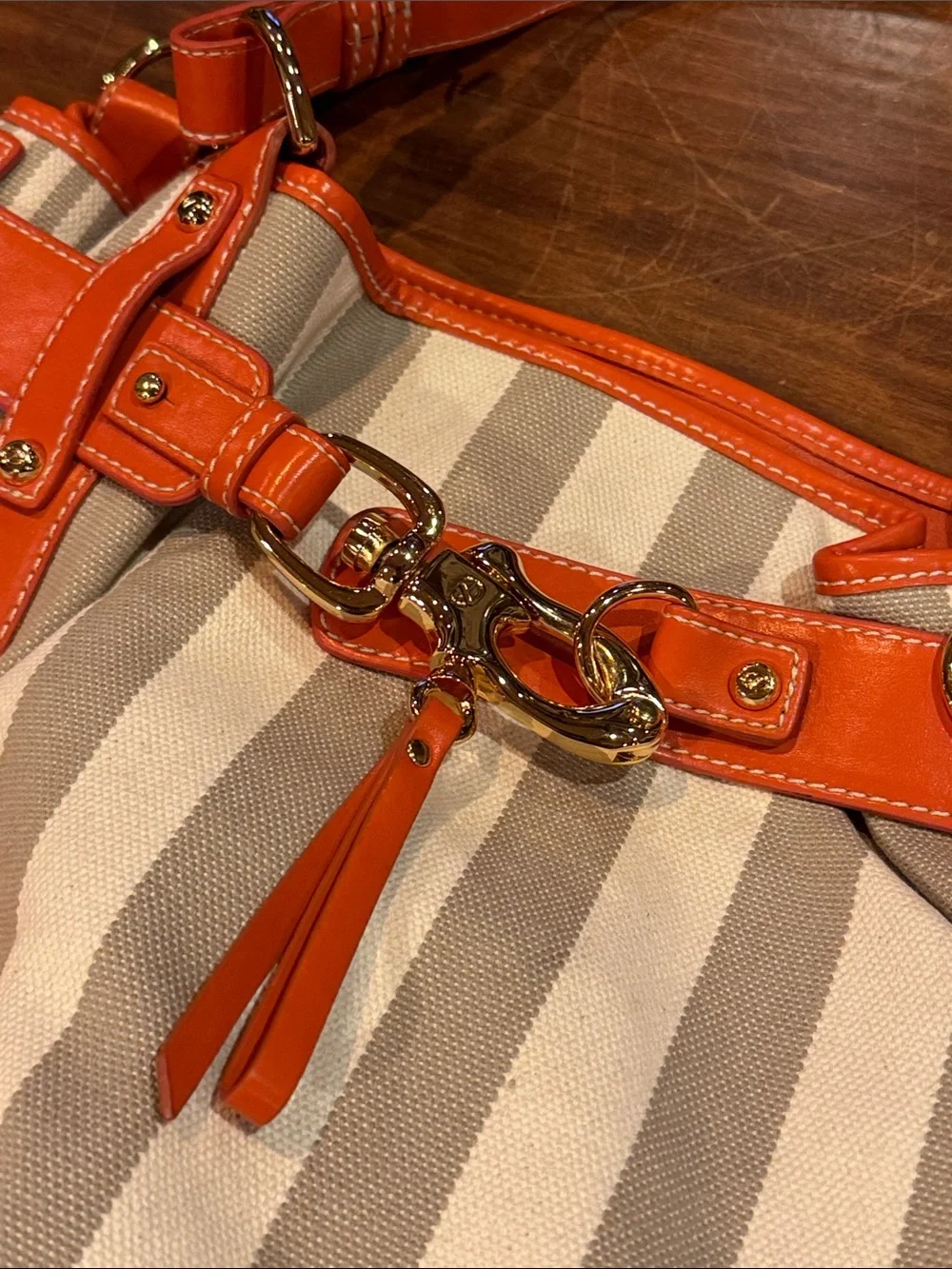 NWT Francesco Biasia Perfect Striped Canvas Leather Tote Bag Orange Luxury Italy - Picture 2 of 14